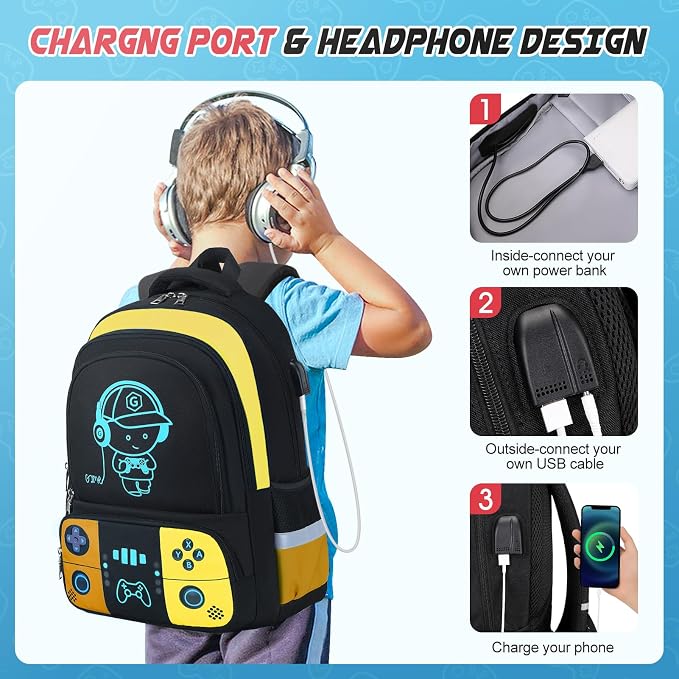 Bevalsa Backpack for School Boys, Cool Luminous Gamer Boys Schoolbag with Lunch Box & Pencil Case Set for Kids Teens Elementary Middle School, Bookbag Glow In The Dark(Orange Backpack) - Image 6