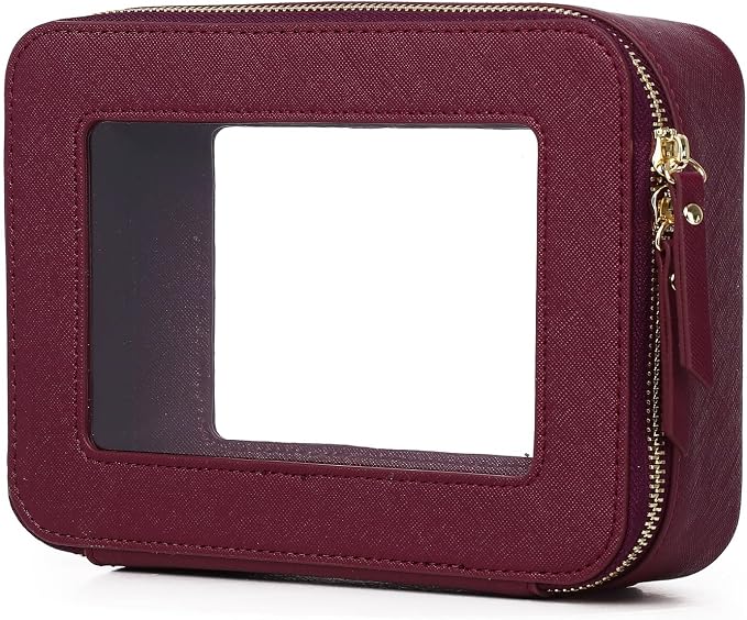Pinkmik Clear Makeup Bag for Women Waterproof Travel Cosmetics and Toiletries Case Portable Makeup Oaganizer Bag Clear Car Bag with Zipper (X/Burgundy, M) by Pinkmik