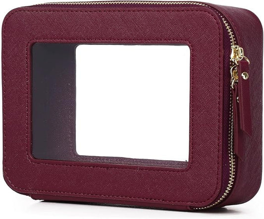 Pinkmik Clear Makeup Bag for Women Waterproof Travel Cosmetics and Toiletries Case Portable Makeup Oaganizer Bag Clear Car Bag with Zipper (X/Burgundy, M) by Pinkmik