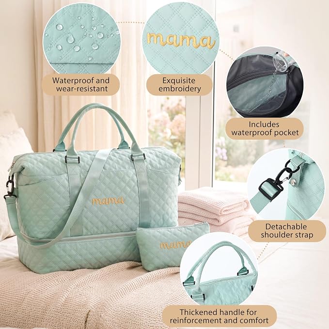 Dansydaisy Mama Hospital Bag for Women Labor Delivery Travel Duffle Bag with Shoe Compartment and Toiletry Pouch Waterproof Letter Embroidered for Pregnancy Weekender Overnight Gym Gift, Green - Image 5
