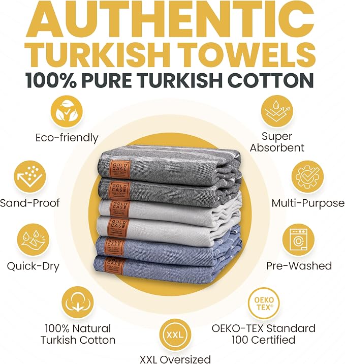 Gold CASE LYCIA Turkish Beach Towel Set of 6 – 100% Cotton Turkish Beach Towels Bulk 70 x 38'' – LYCIA Oversized, Quick Dry & Sand Free Beach Towel – Lightweight Towels Set in Multi Dark Tones - Image 4
