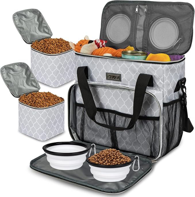 BAGLHER Dog Travel Bag, Pet Travel Bag (ALL Pet Travel Supplies), With 2 Pet Food Containers and 2 Collapsible Silicone Bowls; Essential Kits for Pet Travel DLwhite by BAGLHER