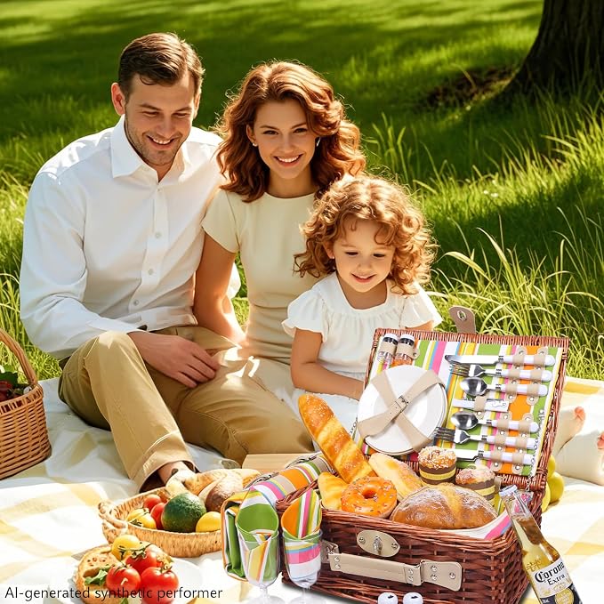 Picnic Basket Set for 4 with Waterproof Blanket Mat Insulation Bag Wicker Rainbow Stripe Cute Hawaiian Tropical Gift for Wedding Birthday Summer Camp Outdoor Camping Beach Travel Christmas - Image 8