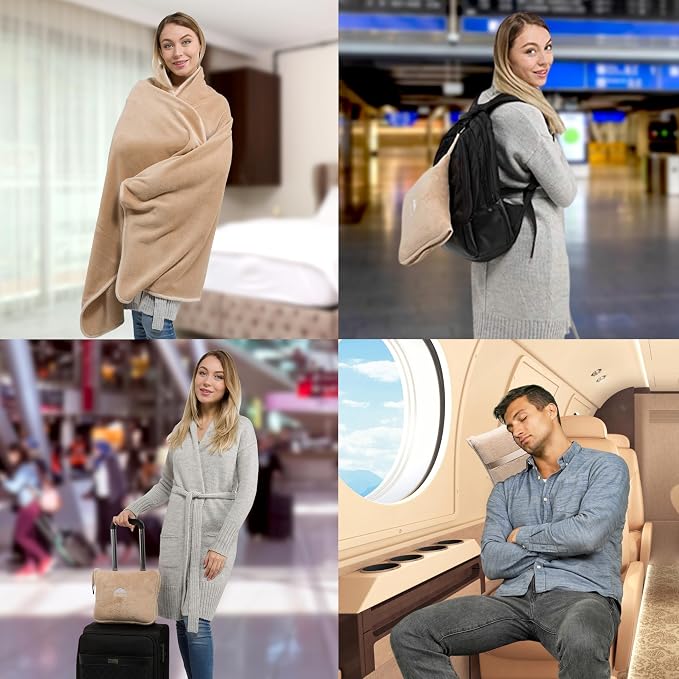 BlueHills Premium Soft Travel Blanket Pillows 2 Pack Airplane Warm - Beige | 2-Pack Travel Blanket Pillows Airplane, Luggage Strap, Carabiner, Flight Throw, Large Traveling Essentials, Warm Travel Gifts - Image 3