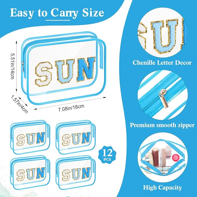 Kacctyen 12 Pcs Clear Sun Makeup Bags Bulk Sunscreen Pouch for Beach Pool Waterproof Toiletry Cosmetic Zipper Organizer with Preppy Chenille Letter Patch Women Girls Summer Vacation Gifts Essentials - Image 3
