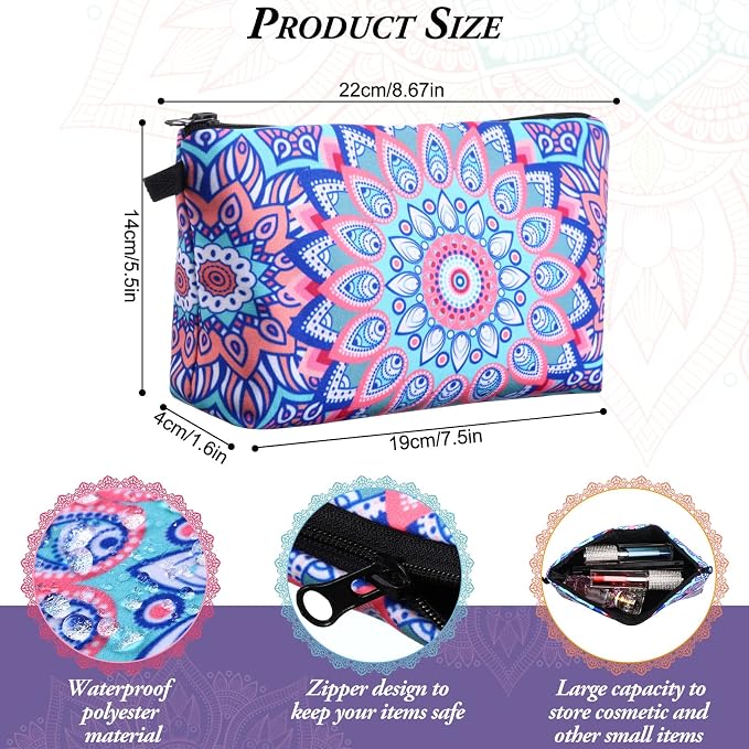 Dunzy 16 Pcs Bulk Makeup Bag for Women Appreciation Gifts for Teacher Canvas Cosmetic Bags with Zipper Pouches Waterproof Travel Toiletry Organizer for Girls Mother Teacher Nurse Bridesmaids (Mandala) - Image 2