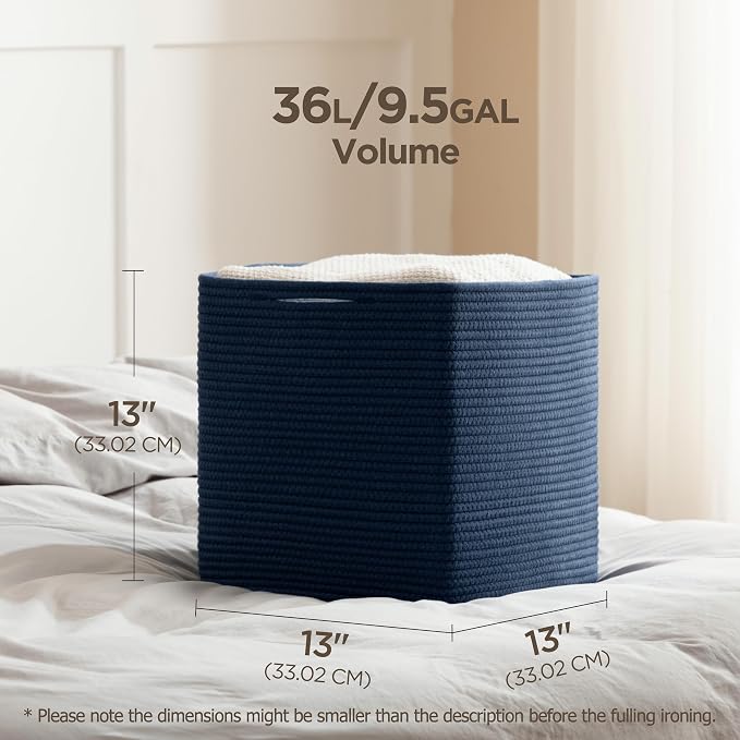 joybest 13x13x13 Inch Cube Storage Bins Set of 4, Cotton Rope Woven Organizer Basket for Shelves, Cube Bin Square Shelves Organizer Closet Storage, Nursery, Toy Organization, Navy Blue - Image 3