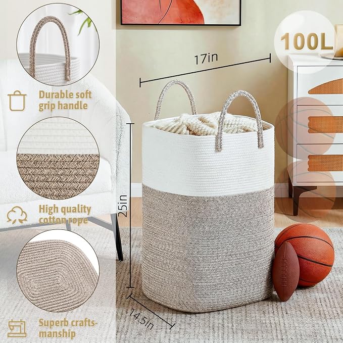 Laundry Basket,Woven Cotton Rope Laundry Hamper,Versatile Storage for Dirty Clothes,Baby Toys,and Blankets in Bathroom, Nursery,and Living Room (Brown, 100L) - Image 2