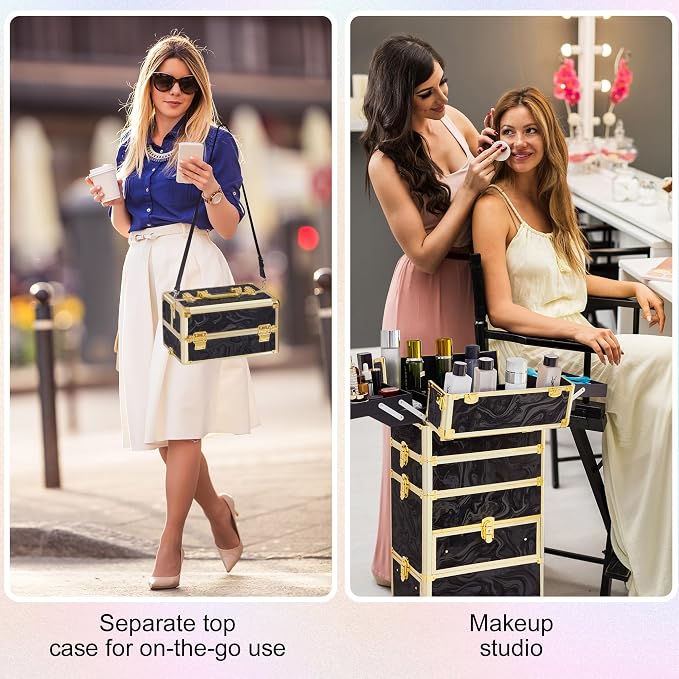 Somduy Rolling Makeup Case with Drawer, Makeup Train Case, 4 in 1Cosmetology Case on Wheels, Christmas Gift, Large Makeup Organizers, Profesional Cosmetic Case for Salon Barber, Pattern Black Gold - Image 7