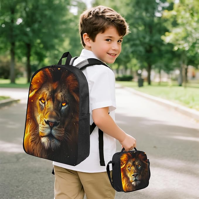Lion Kid Backpack Set with Lunch Bag & Pencil Case Large Capacity School Bag 17 Inch Bookbag for Boy Girl - Image 2