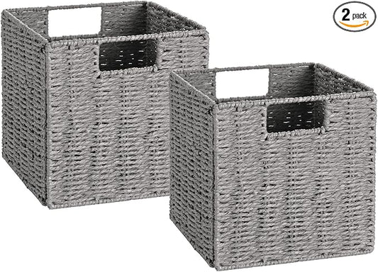 Vagusicc Wicker Storage Basket, Set of 2 Hand-Woven Storage Baskets for Shelves with Handles, Foldable Cube Storage Baskets Bins Organizer 13 inch Large Wicker Baskets for Pantry Bedroom Decor, Grey by Vagusicc
