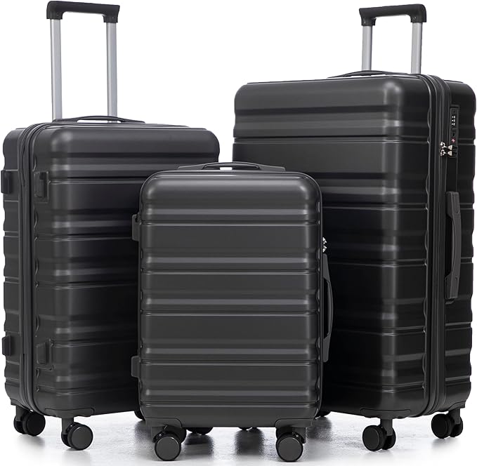 Hardside Luggage Sets, Lightweight Stripes Suitcase with Spinner Wheels, Gray-181 by Merax