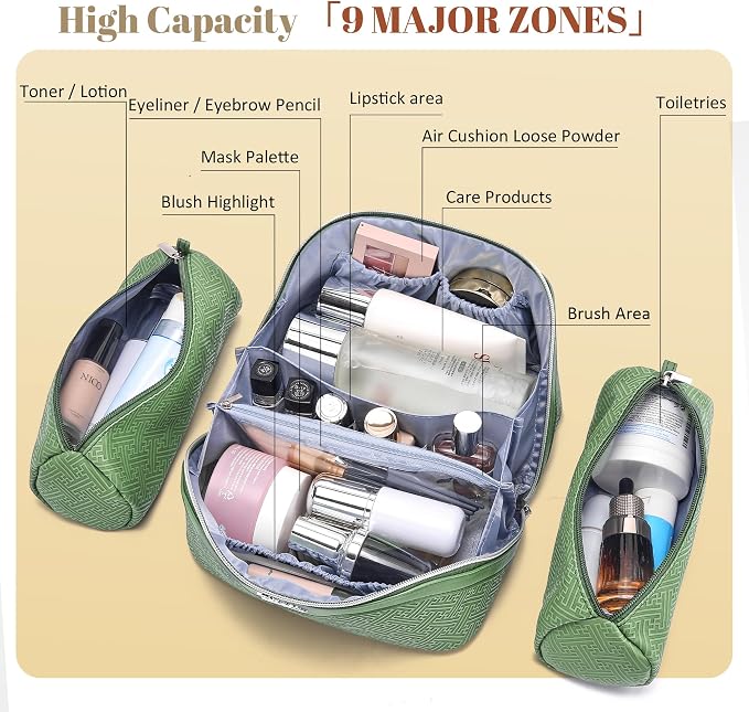 BOYATU Travel Makeup Bags for Women: Vintage Roman Column Texture | Each Journey, Quiet Luxury Serenity - 3 Pcs Set Large Capacity Cosmetic Bag Organizer Toiletry Purse(Green) - Image 5