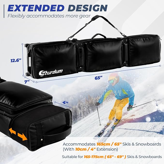 Ski Bag with Wheels, Rolling Snowboard Bag for Air Travel, Extendable 155-185CM Wheeled Ski Bag All-Round Padded Protection, for Snowboard, Double Skis, Boots, Helmet, Ski Gear - Image 7