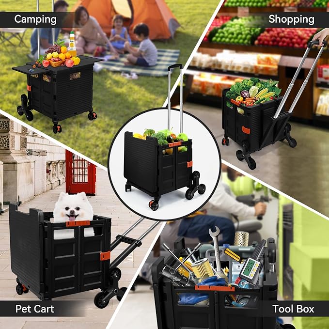 Foldable Utility Cart Portable Crate Rolling Dolly with Telescopic Handle,Can be Pulled diagonally, Magnetic Retractable Lid, 360°Swivel Climbing Wheels for Shopping Carrying Groceries Move Black - Image 8