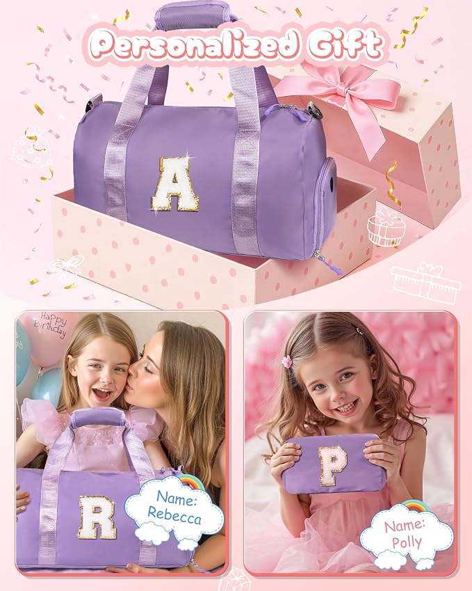 4 Year Old Girl Birthday Gifts-Girl Gym Bag with Shoe Compartment, Kid Personalized Weekender Overnight Bags, Initial Travel Tote with Makeup Pouch, Valentines Day Gift for Girls (Letter R) - Image 2