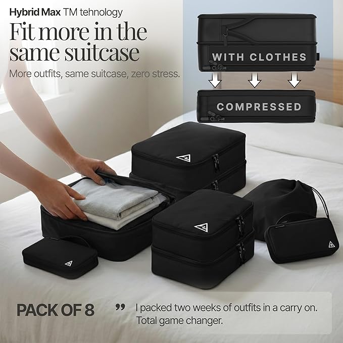 Well Traveled 8 pcs Compression Packing Bags Cubes Set with HybridMax Double-Capacity Design - Packing Cubes for Travel Compression to Maximize Limited Luggage Space, Black - Image 5