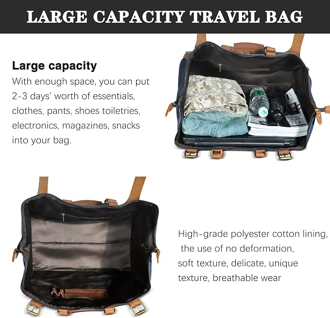 Canvas + Leather Travel Luggage Tote Duffle Gym Suitcase Weekender Overnight Bag For Men Male FB8151 (8151-The Blue) - Image 6
