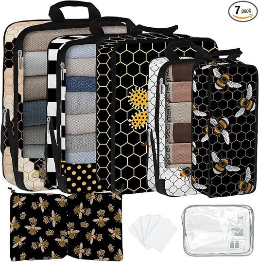7 Pcs Compression Packing Cubes for Travel, Waterproof Suitcase Luggage Backpack Organizer with Toiletry Bag Travel Essentials for Women/Men-Bees by Unknown