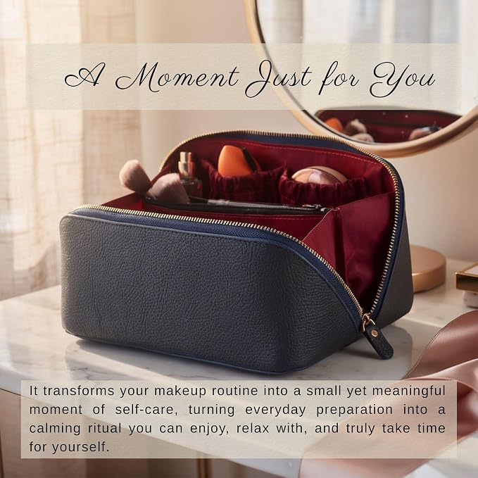 VENOULT Makeup Bag, Spacious Cosmetic Case for Women, Portable 180° Wide-Open Flat Cosmetic Bag, Travel Toiletry Organizer with Handle, Hanmdade, Full Grain Genuine Turkish Leather (Regal) - Image 5