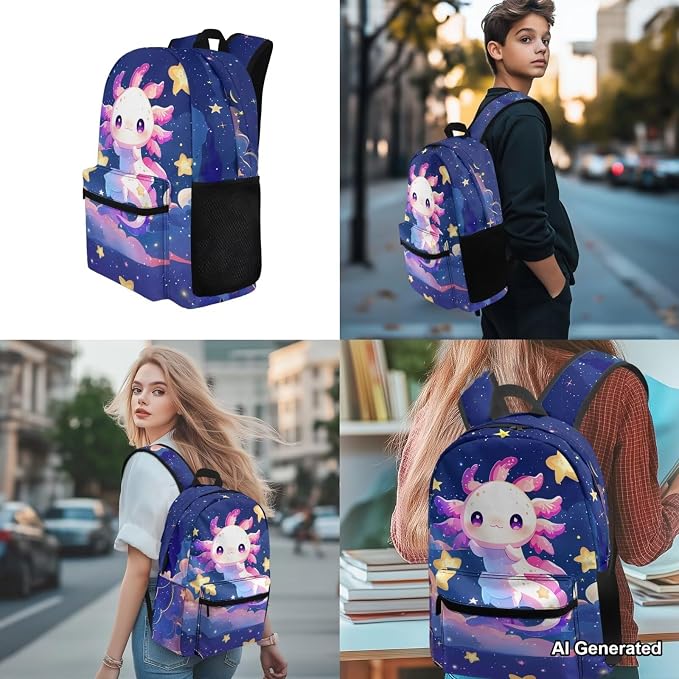 Axolotl School Bags for Girls 7-10 10-12 Galaxy Stars Backpacks for Girls with Lunch Box Pencil Case Water Bottle Holder 4-Piece Elementary School Essentials for Teens Student Bookbag Set - Image 4