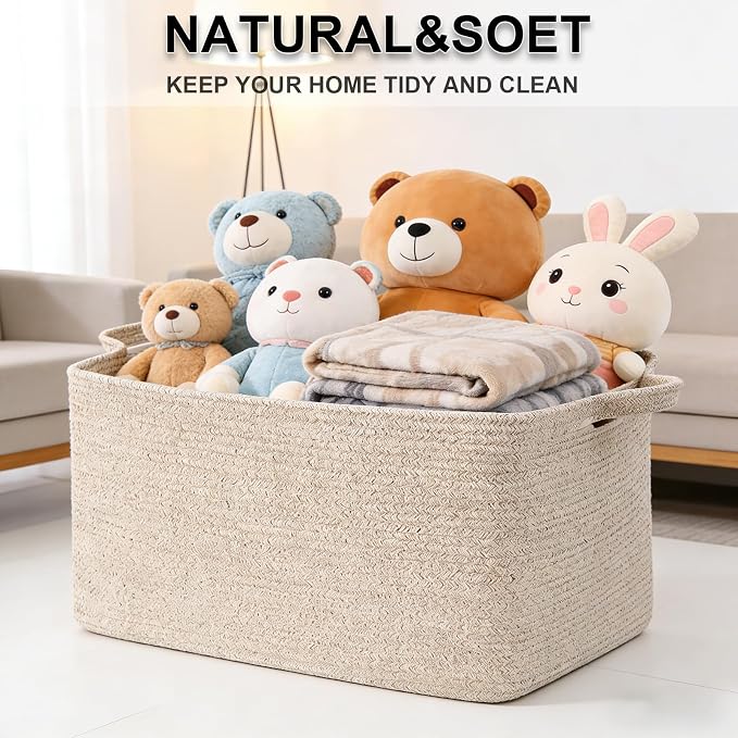 65L Collapsible Woven Rope Laundry Basket with Handles,Brown | 21x16x12 Foldable Rectangular Blanket Basket for Toys, Clothes & Pillows,Ideal for Nursery, Bathroom, Bedroom, Living Room - Image 8