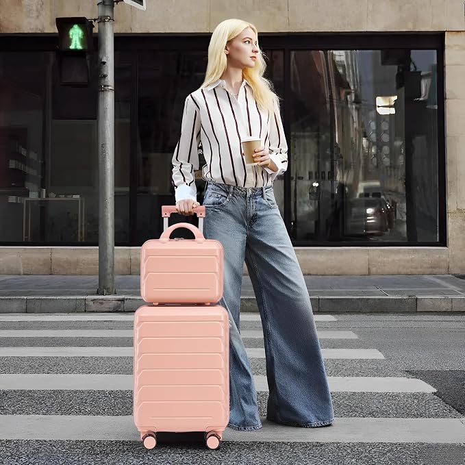 Gradient Color Suitcase 2-Piece Set, 20" Rotating Wheel Suitcase with 14" Cosmetic Case, Lightweight Durable Hardshell Luggage with 360° Spinner Wheels for Travel, Women & Girls (Pink) - Image 8