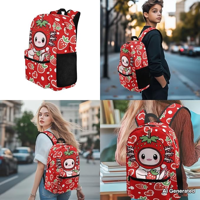 Axolotl Kids Backpack with Lunch Box for Girls Set of 4 School Bags for Girls 7-10 10-12 Strawberry Cute Elementary School Backpack for Travel Hiking Gym Small Daypack Purse - Image 4