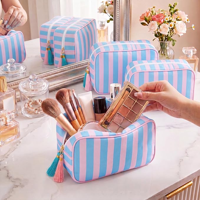 Kacctyen 6 Pack Peony Pink and Slate Blue Striped Makeup Bag bulk with Tassel Travel Cosmetic Pouch Organizer Large Zipper Toiletry Case for Women Aesthetic Storage Pouch Mahjong Tile Bag - Image 3
