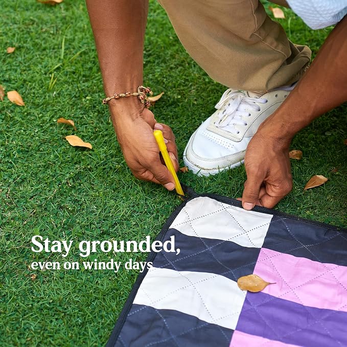 Cozy Club Waterproof Picnic Blanket – Foldable Outdoor Mat 60x70 with Stakes, Pocket & Shoulder Strap | Sandproof Beach Blanket for Festivals, Camping & Travel | Self-Packing | Multicolor | US Brand - Image 8