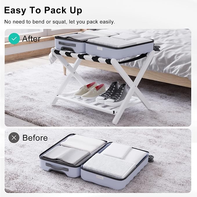 Smuxee Fully Assembled White Luggage Rack, Upgraded Bamboo Foldable Suitcase Stand with 5 Nylon Straps, Luggage Holder with Shelf for Guest Room Bedroom Hotel (White Luggage Rack 1pcs) - Image 5