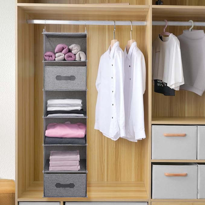 Large Hanging Sweater Organizer for Closet,Collapsible 6-Shelf Hanging Closet Shelves with Drawers, Washable (Grey-6 Shelf-2 d) - Image 3