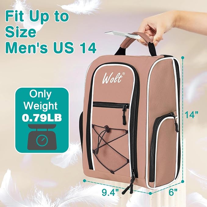 Wolt |Golf Shoe Bag for Travel- Zippered Shoes Carrier Bags with Ventilation & Double Outside Accessory Pocket for Socks, Tees, Golf Balls, Etc. for Women and Men (LightPink) - Image 2