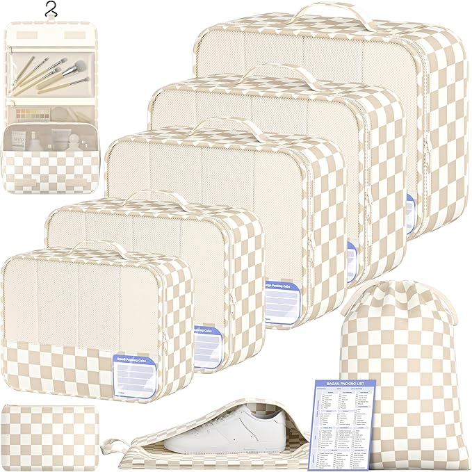 BAGAIL 9 Set Packing Cubes with Packing List Luggage Packing Organizers for Travel Accessories (Khaki checkered) by BAGAIL