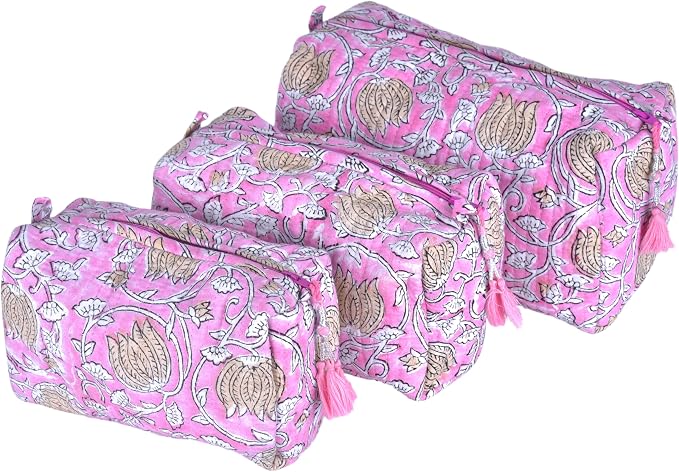 Quilted Floral Block Print Makeup Bag Set of 3 – Cotton Travel Toiletry and Makeup Organizer, Cosmetic Pouch, Toiletry Bag for Women, Cute Boho Coquette Make Up Bags for Women (Small, Medium, Large) by Vivanta