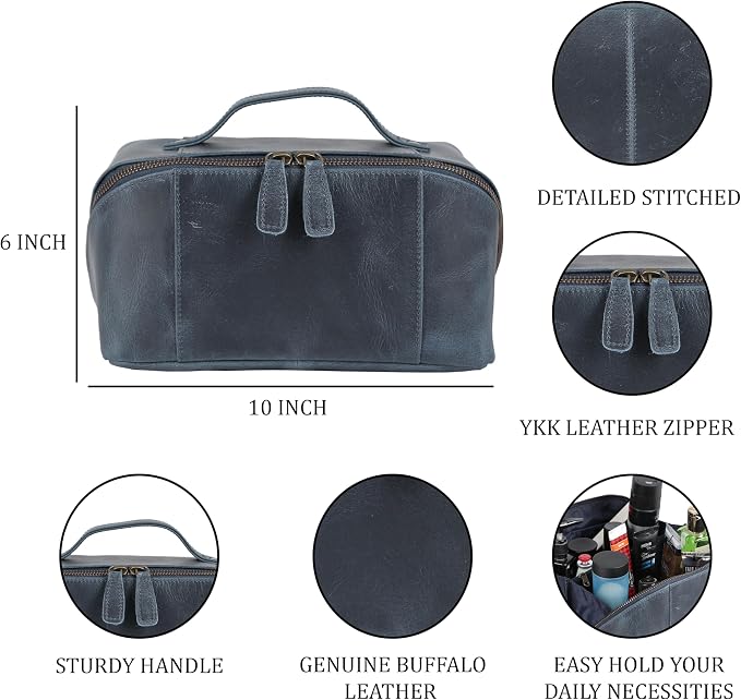 KomalC Luxury Leather Men’s Toiletry Travel Bag – Handmade Shaving Kit with Waterproof Interior, Spacious Storage & Carry Handle – leather travel Kit Bag for Men & Women (Blue) - Image 8