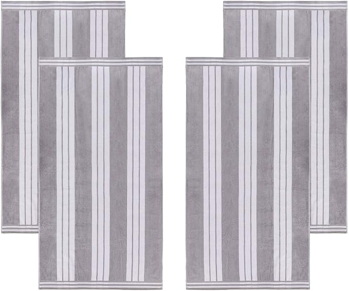 Superior Oversized Cotton Beach Towel Set of 4, Absorbent Towels for Bathroom, Beach, Pool, Swim, Adults, Kids, Vacation, Travel, Bath, Quick Dry Basics, Trip Essentials, Striped Decor, Light Grey - Image 2