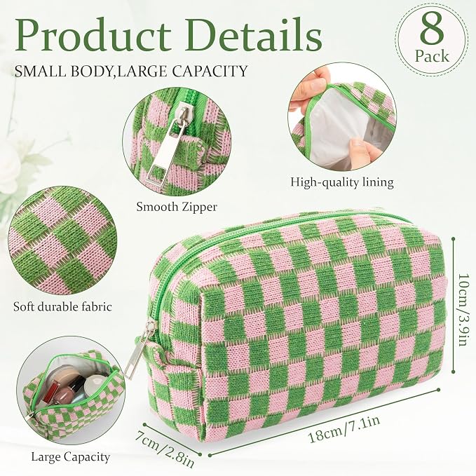 Gilprop 8 Pcs Checkered Makeup Bag for Purse Small Cosmetic Pouch Bulk Portable Zipper Makeup Pouch Travel Toiletry Organizer Gifts for Women Bridesmaid Wedding Party Favors (Pink Green) - Image 2