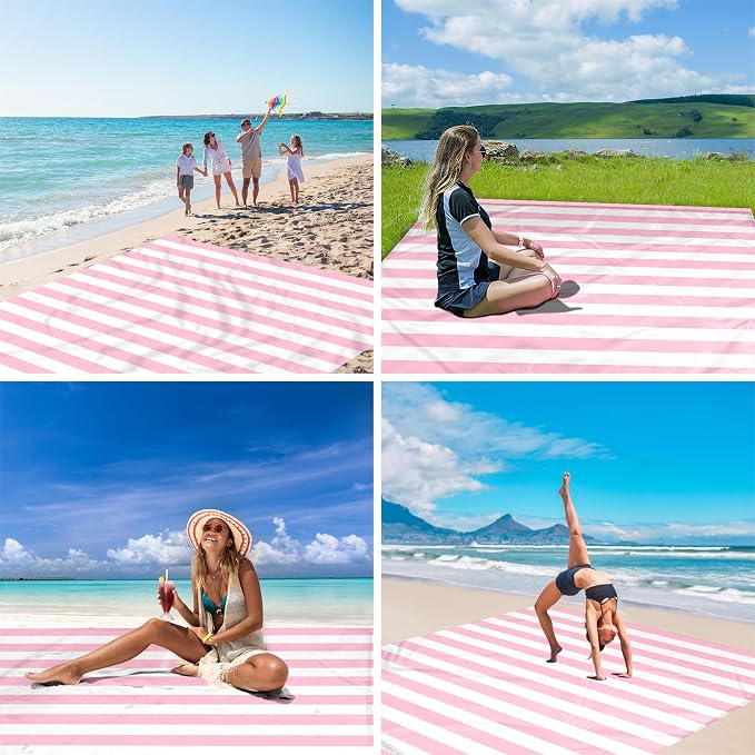 Beach Blanket Sandproof Waterproof,Extra Large Picnic Blanket 9 Ft X 10 Ft for 8 Adults with Stakes and Sand Pocket, Compact Lightweight Sand Free Beach Mat Essential- Pink Striped - Image 4