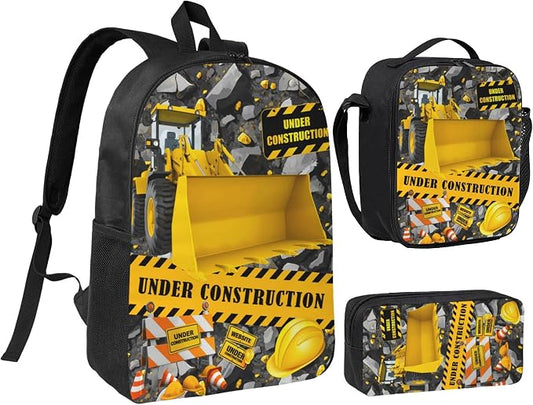 Construction Machines Cars Kid Backpack Set with Lunch Bag & Pencil Case Large Capacity School Bag 17 Inch Bookbag for Boy Girl by thmnj