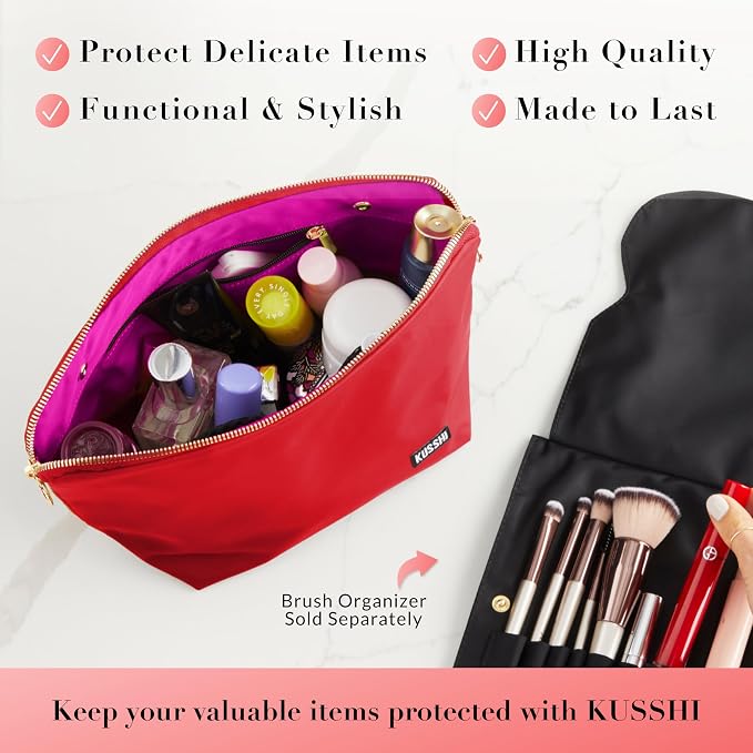 KUSSHI Washable Travel Makeup & Cosmetic Bag - Brush Organizer Sold Separately (Signature, Candy Apple Red/Pink) - Image 4