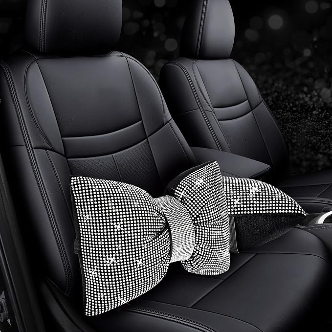 4 PCS Bling Car Pillows,Rhinestones Bowknot Car Headrest Pillow,White | Car Neck Pillow for Driver Relax Neck Support,Sleeping Travel Support Neck Pillow,Diamond Interior Accessories for Women - Image 3