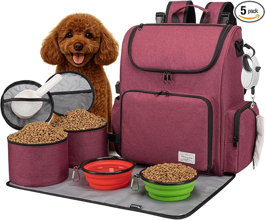 Modoker Multi-Compartment Dog Travel Backpack for Pet Supplies, Rose Red | Dog Travel Accessories Organizer with 2 Food Bags, 2 Bowls, Quick-Access Pockets, Tissue Opening, Luggage Sleeve, Feeding Mat by Modoker
