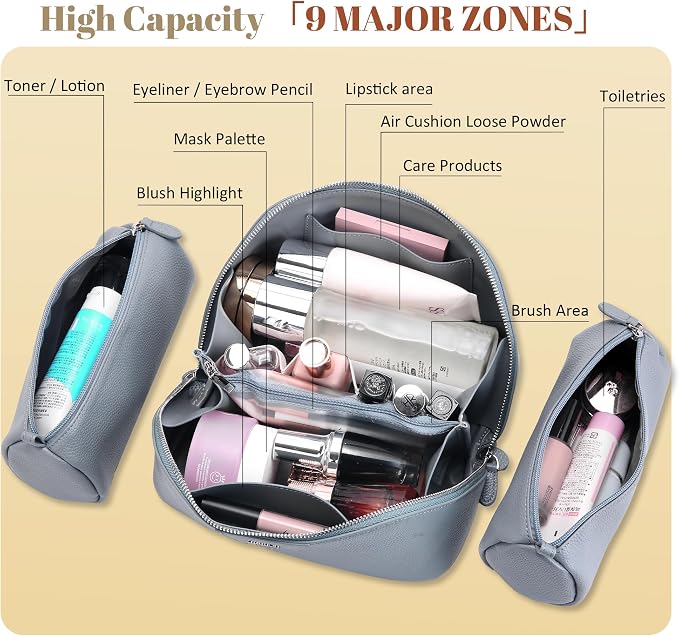 BOYATU Genuine Leather Travel Makeup Bag: Large Capacity 3 Pcs Set Cosmetic Bags for Women - Designer Waterproof Hand-made for Toiletry Organizer - Ladies Travel Essentials for Elegance (03Blue) - Image 3