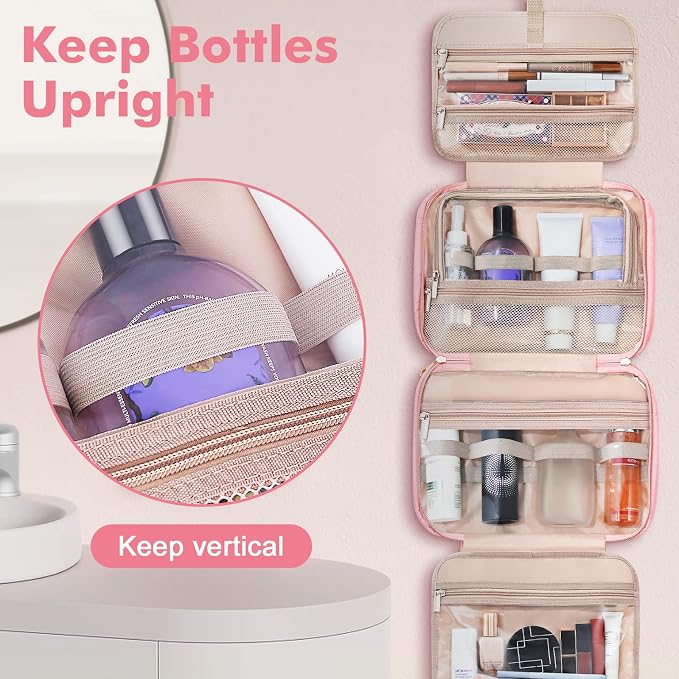 Wedama Toiletry Bag for Women, Large Cosmetic Travel Bag, Hanging Toiletry Bag for Bathroom, Thickened PVC Waterproof Travel Makeup Bag, Toiletries Bag for Travel Business Trips and Camping, Pink - Image 4