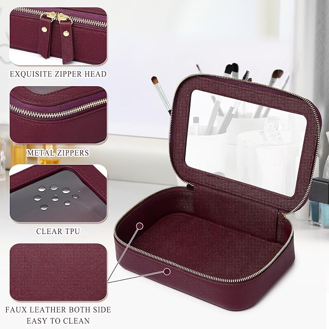 Clear Makeup Bag Small Cosmetic & Toiletry Bag Waterproof Travel Case Women's Pouch Organizer Makeup Bag for Car with Zipper (Burgundy, Small) - Image 6