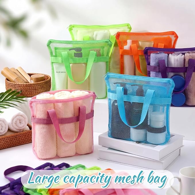 20 Pcs Mesh Beach Bags Bulk Portable Mesh Shower Caddy Bags with Zipper & 2 Pockets Hanging Toiletry and Bath Organizer for Beach Gym Camp Swimming Travel College Dorms (Fluorescent Color) - Image 4