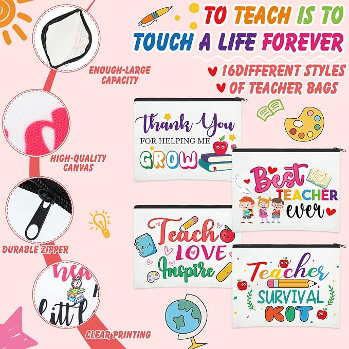 Hillban 32 Pcs Teacher Appreciation Gifts Bulk Colorful Appreciation Makeup Bag Funny Pencil Pouch for Women Thank You Gifts for Teacher Birthday Retirement(Cute) - Image 5