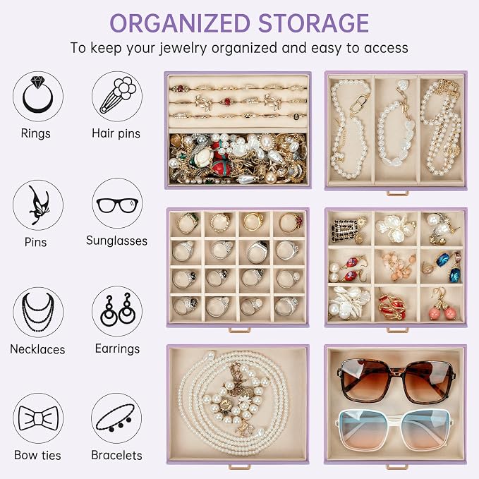 AKOZLIN 6-Tier Jewelry Box Organizer Functional 5 Drawers Leather Jewelry Storage Case for Women Girls Ring Necklace Earring Bracelet Holder Organizer with Mirror Medium Violet - Image 3