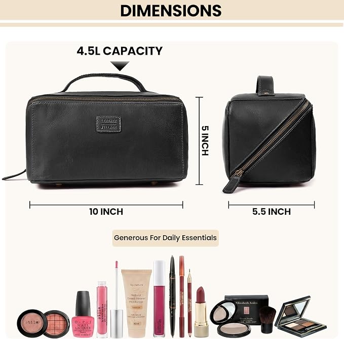 LEATHER VILLAGE Genuine Leather Travel Dopp Kit for Men & Women – Open Flat Large Capacity Cosmetic Bag with Water-Resistant Lining – Skin Care, Brushes, Shaving & Bathroom Essentials Organizer- Black - Image 4